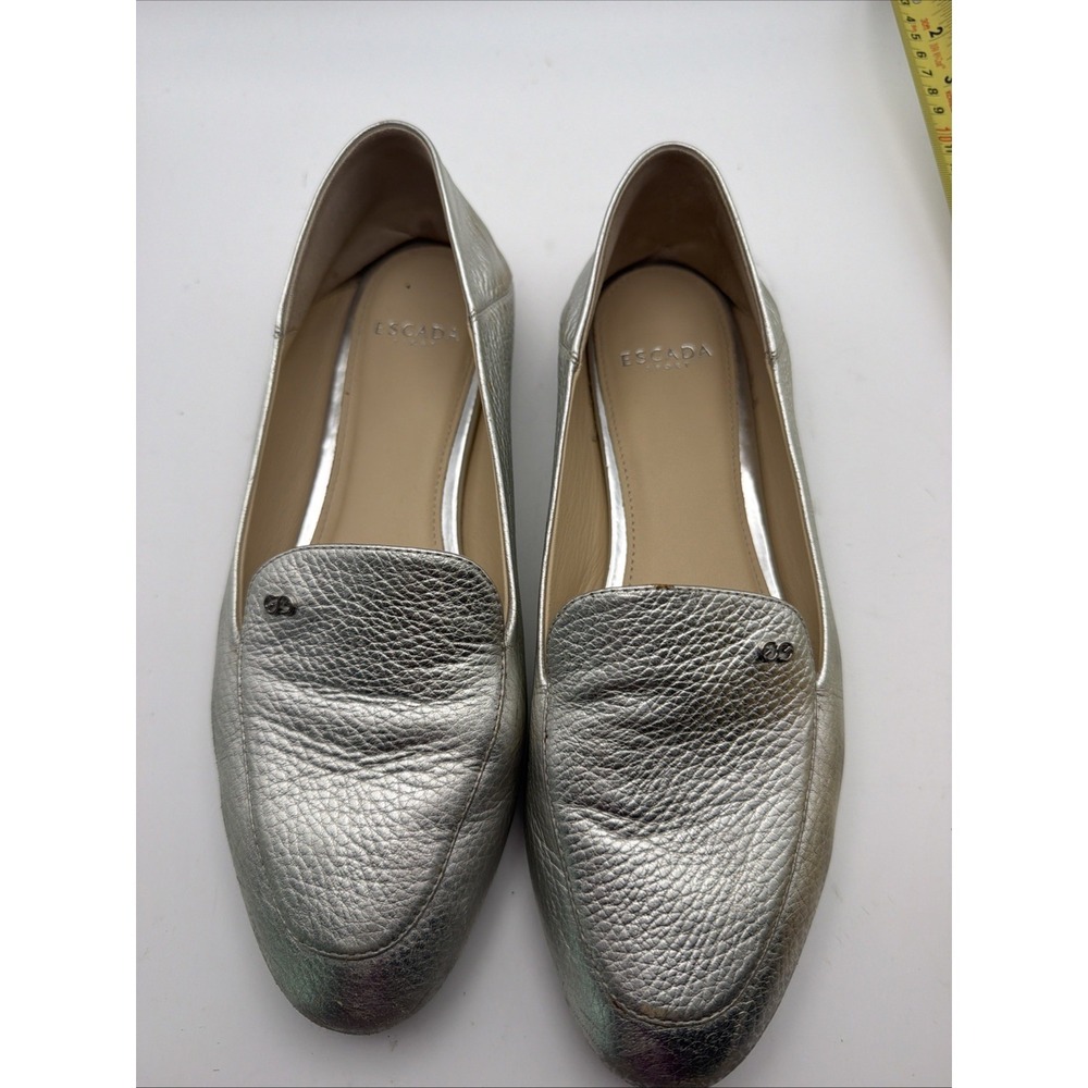 ESCADA Women's Size 38 LEATHER ITALY MADE Flats Oxfords Loafers Silver Shiny